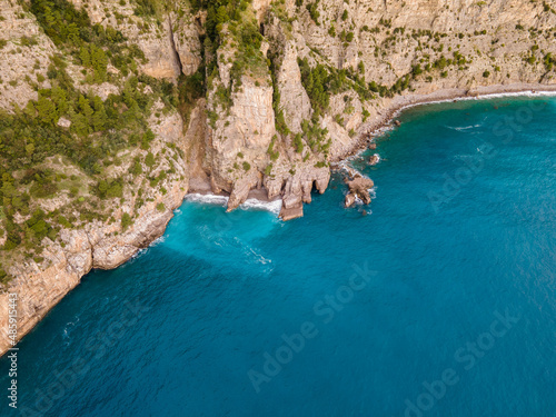 The famous Amalfi Coast, view of the cliffs and the sea from a drone. Popular tourist destination in Italy