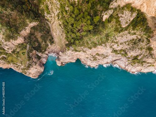 The famous Amalfi Coast, view of the cliffs and the sea from a drone. Popular tourist destination in Italy