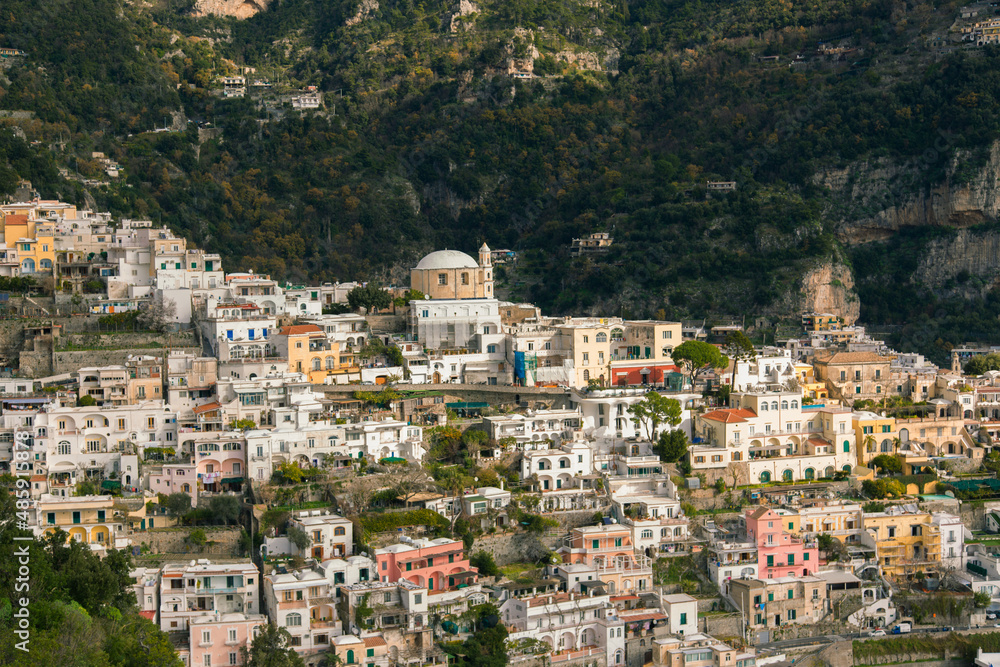 View of the entire old town of Positano and its colored houses from the top. Amalfi coast Italy