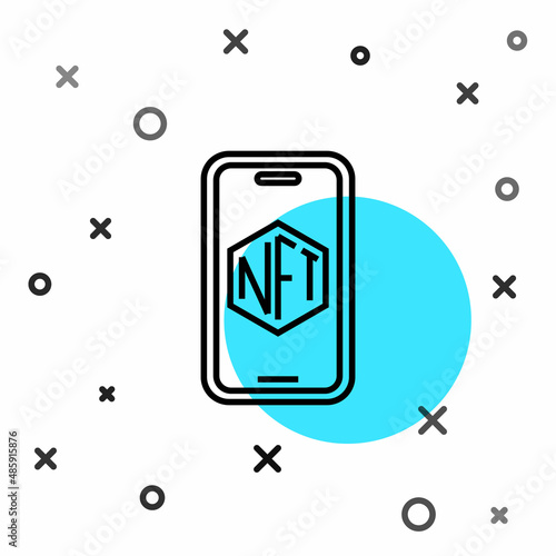 Black line Mobile with art store app icon isolated on white background. Technology of selling NFT tokens for cryptocurrency. Non fungible token. Random dynamic shapes. Vector