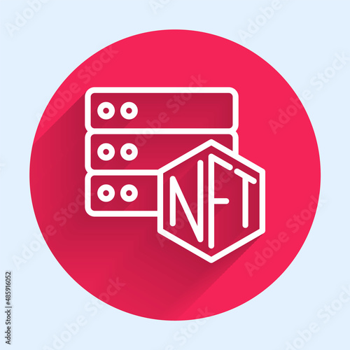 White line NFT blockchain technology icon isolated with long shadow background. Non fungible token. Digital crypto art concept. Red circle button. Vector