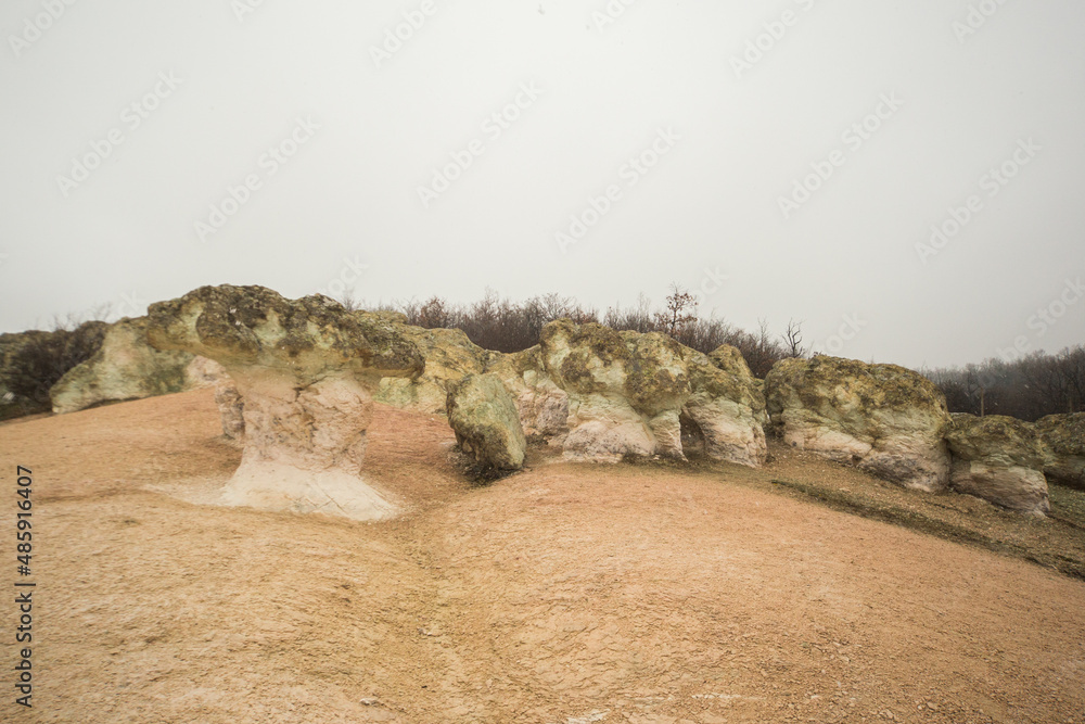 The Stone Mushrooms near Beli plast village in Bulgaria. They are about 2.5 metres tall. - obrazy, fototapety, plakaty 