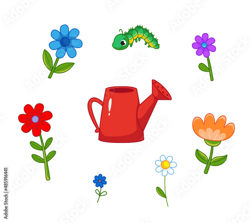 Set of red watering can, flowers and caterpillar. Vector illustration of plants in cartoon childish style. Isolated funny clipart on white background. cute spring print.