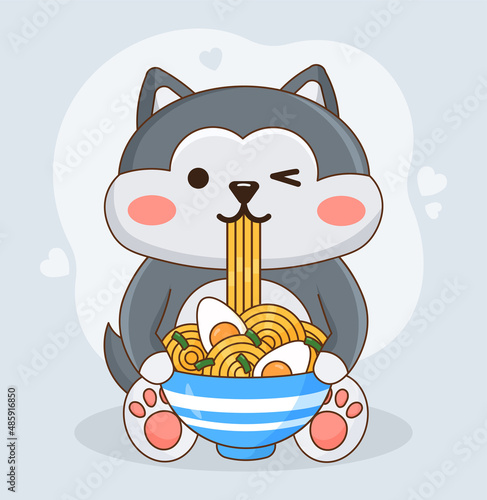 Cute shiba inu dog eating ramen concept