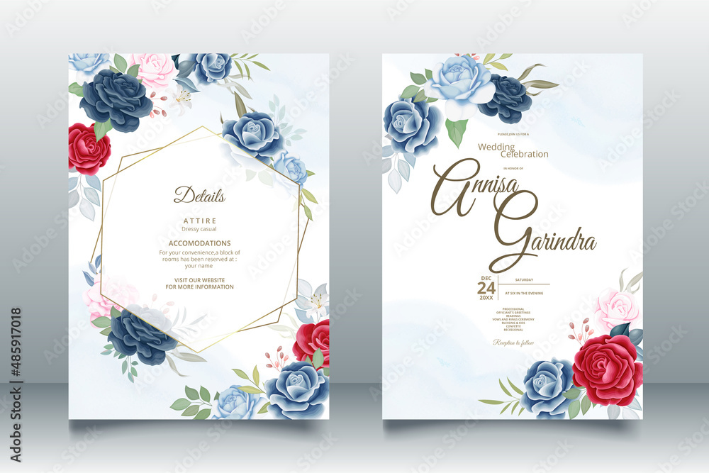 Elegant wedding invitation card with beautiful red navy blue floral and leaves template Premium Vector