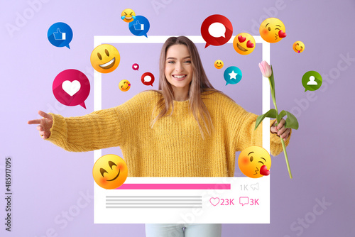Young woman with flower on color background. Concept of social networking photo