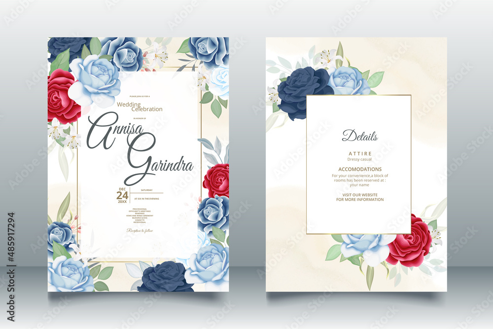 Elegant wedding invitation card with beautiful red navy blue floral and leaves template Premium Vector