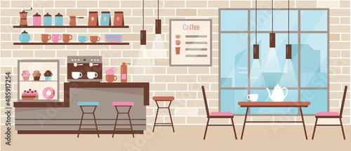 Cozy modern cafe or cafeteria with chairs and table. Coffee shop or bakehouse. Interior design flat or cartoon vector illustration.
