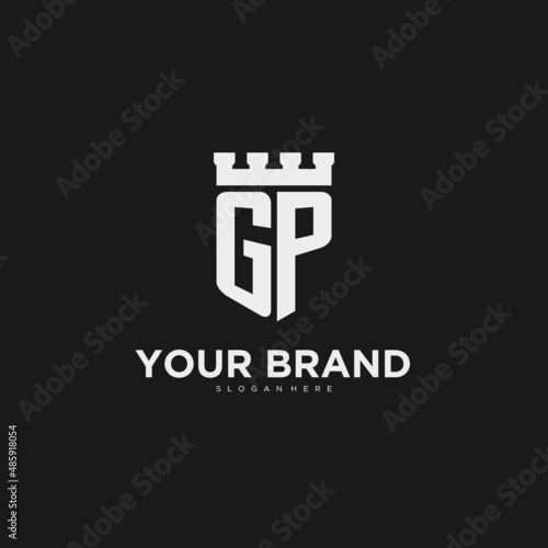 Initials GP logo monogram with shield and fortress design