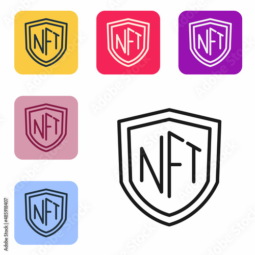 Black line NFT shield icon isolated on white background. Non fungible token. Digital crypto art concept. Set icons in color square buttons. Vector