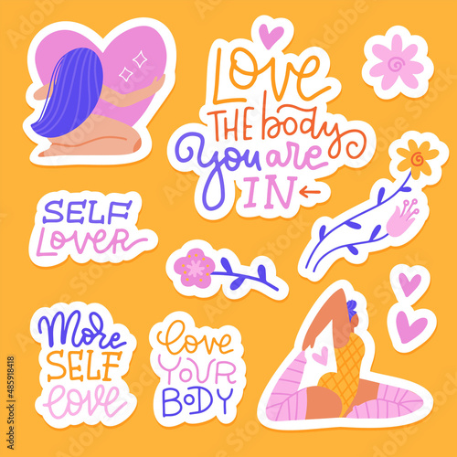 Set of self love lettering quotes with female characters and romantic elements on yellow background. Hand drawn flat vector collection of stickers about beauty, self love, body positive.