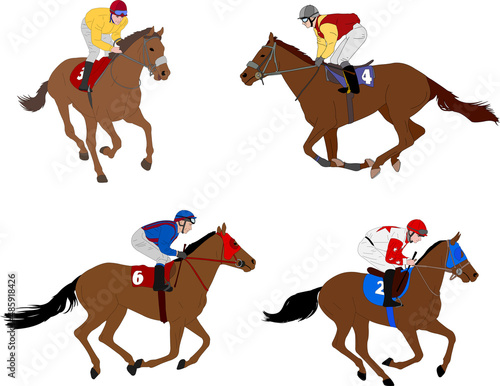 jockeys riding race horses - vector color illustration