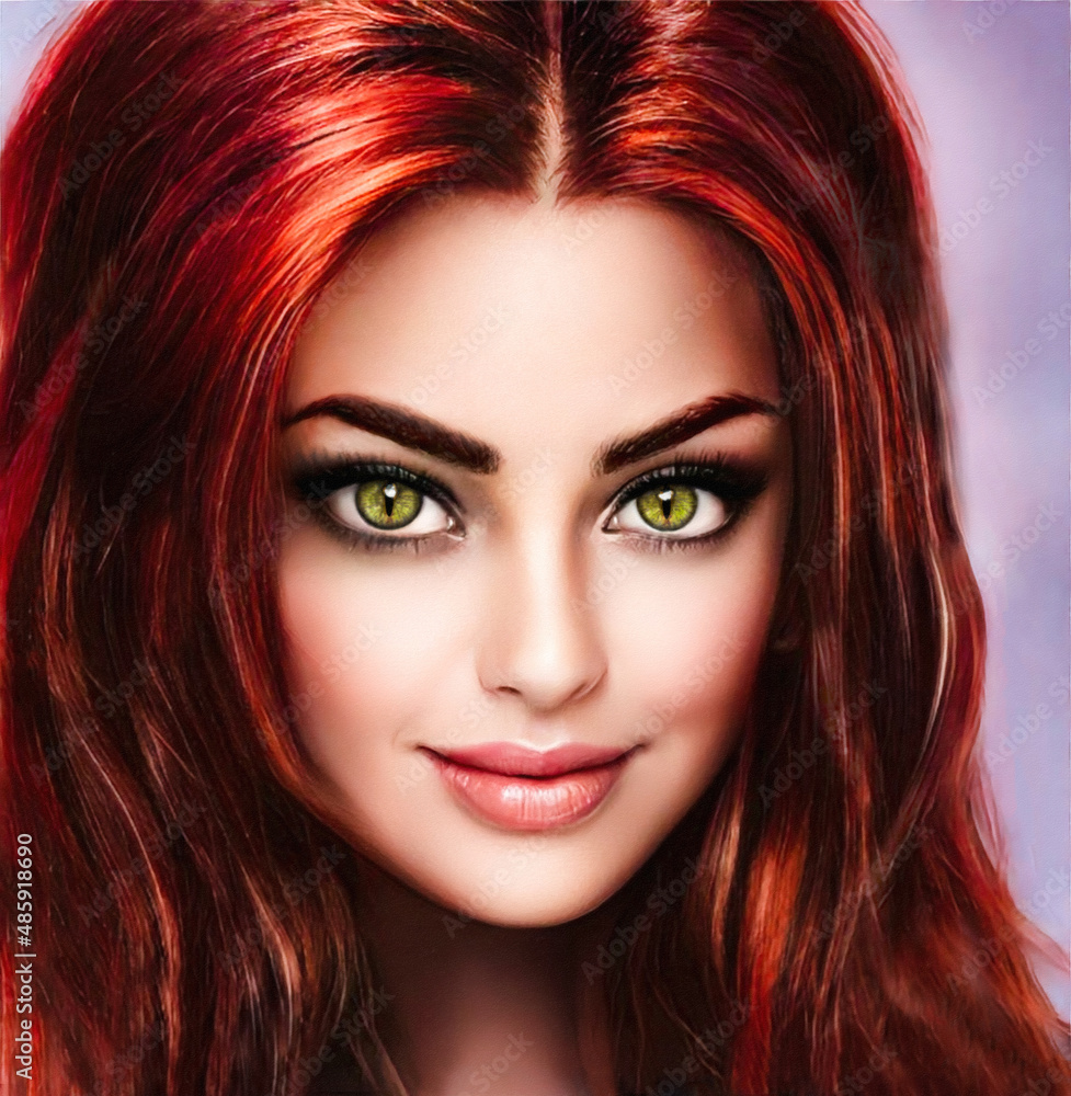 Portrait of a catwoman with red hair.