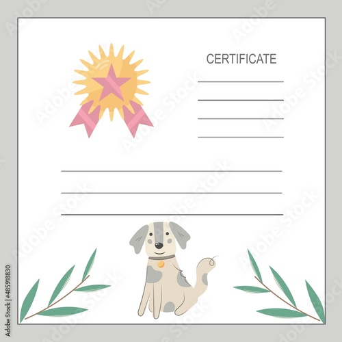 Gift certificate with dog, medal and green branches. Dog ID template. flat vector illustration. Certificate to the winner at the dog show..