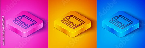 Isometric line Online quiz, test, survey or checklist icon isolated on pink and orange, blue background. Exam list. E-education concept. Square button. Vector