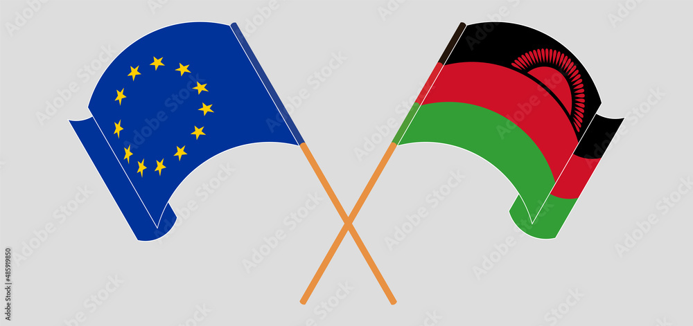 Crossed and waving flags of the European Union and Malawi Crossed and waving flags of the European Union and Malawi