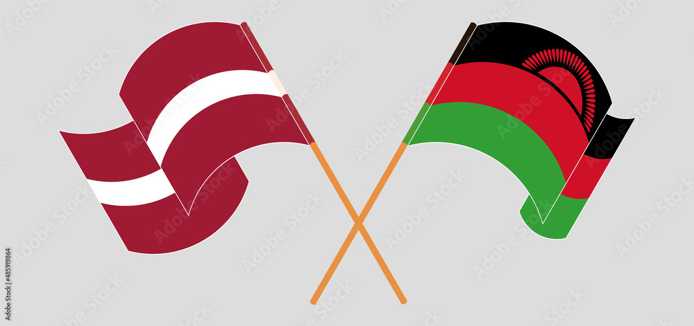 Crossed and waving flags of Latvia and Malawi