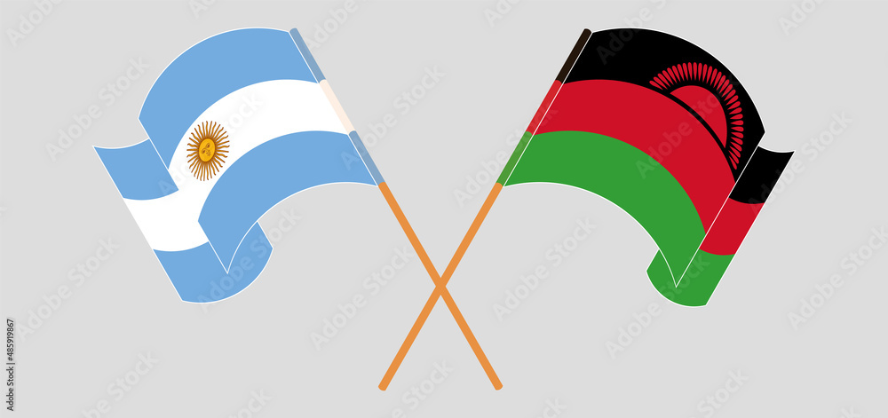 Crossed and waving flags of Argentina and Malawi Crossed and waving flags of Argentina and Malawi