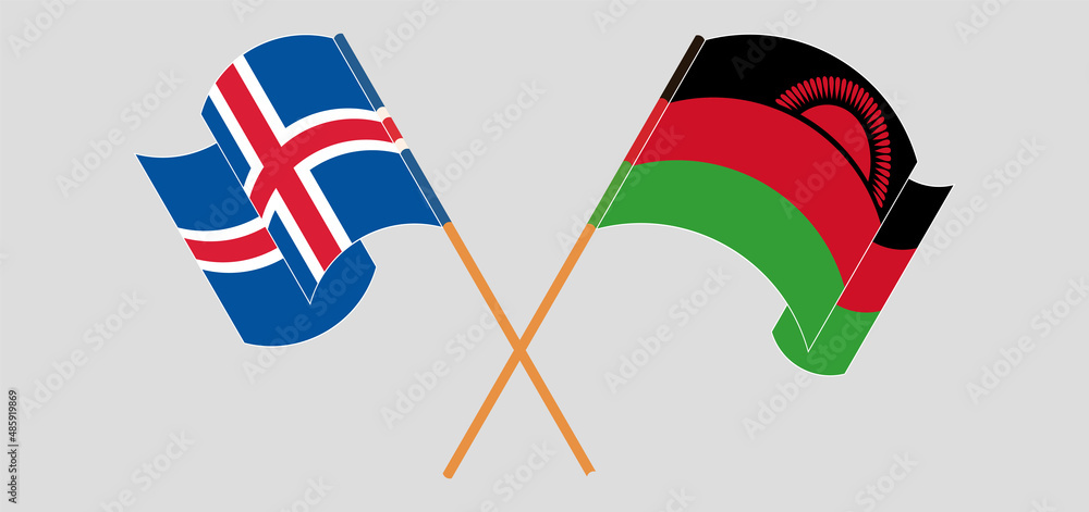 Crossed and waving flags of Iceland and Malawi