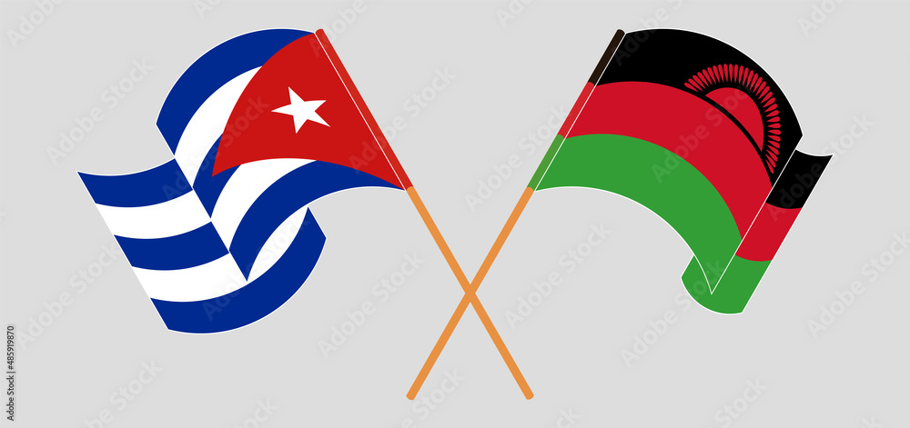 Crossed and waving flags of Cuba and Malawi