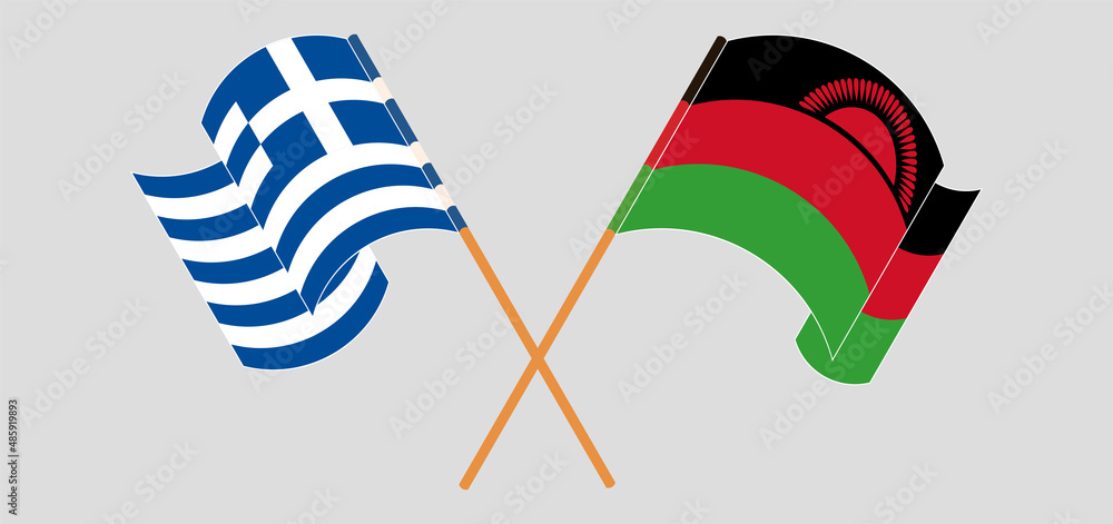 Crossed and waving flags of Greece and Malawi Crossed and waving flags of Greece and Malawi