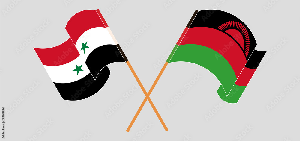 Crossed and waving flags of Syria and Malawi Crossed and waving flags of Syria and Malawi