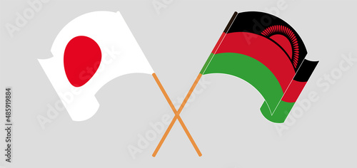 Crossed and waving flags of Japan and Malawi