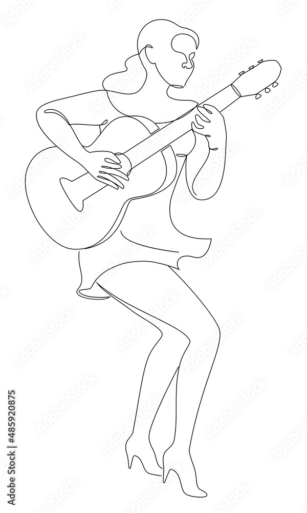 Silhouette of a beautiful woman with a guitar in a modern continuous line style. Girl guitarist, slender. Continuous line drawing, decor aesthetic outline, posters, stickers, logo. Vector illustration Silhouette of a beautiful woman with a guitar in a modern continuous line style. Girl guitarist, slender. Continuous line drawing, decor aesthetic outline, posters, stickers, logo. Vector illustration