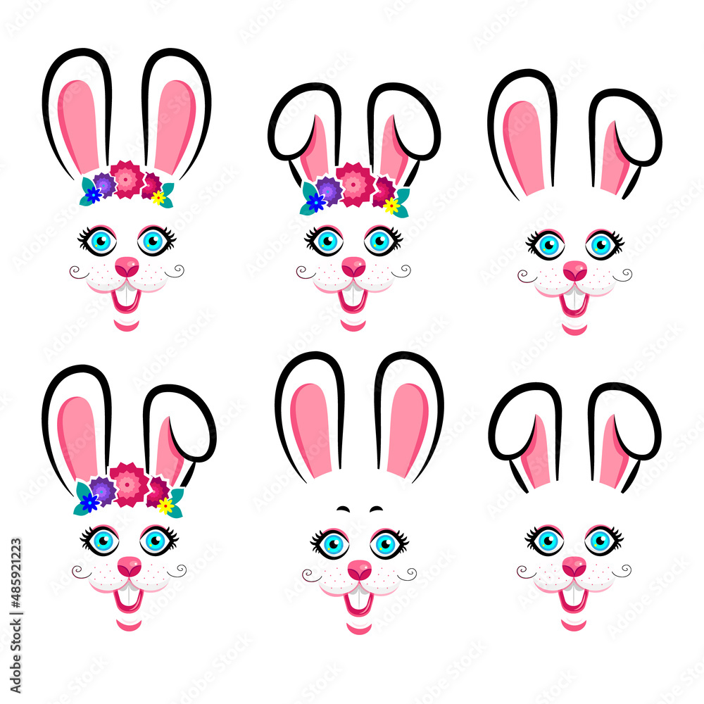 Obraz premium Vector design of collection of cartoon rabbit masks with gray and pink ears on white isolated background