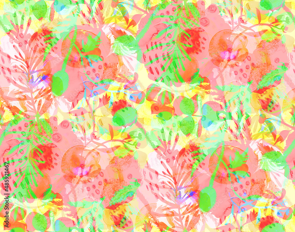 multicolored bright multi-layered seamless pattern with silhouettes of buds and flowers for summer textiles and various designs