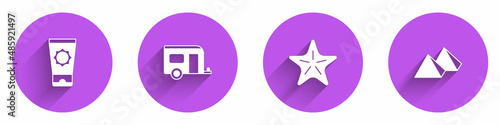 Set Sunscreen cream in tube, Rv Camping trailer, Starfish and Egypt pyramids icon with long shadow. Vector