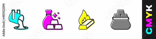 Set Molten gold being poured, Bag of bars, and icon. Vector