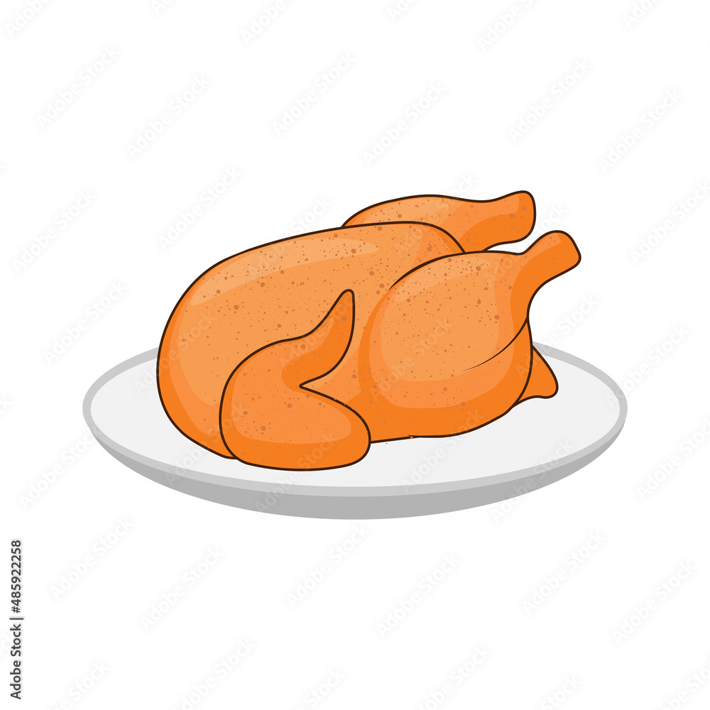 Fried bird on a dish. The sign of a fried bird. Food for gala dinner. Vector illustration in cartoon style, isolated on white background