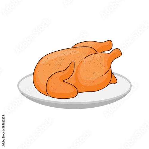 Fried bird on a dish. The sign of a fried bird. Food for gala dinner. Vector illustration in cartoon style, isolated on white background