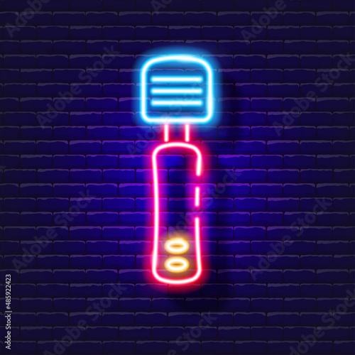 Vibrating massager neon icon. Sex shop concept. Toys for adults. Gadgets for love. Vector sign for design, website, signboard, banner, advertisement.