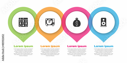 Set Drum machine music, Vinyl player with vinyl disk, Money bag and Stereo speaker. Business infographic template. Vector