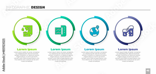 Set Earth globe with document, Seismograph, Location on the and Geological fault. Business infographic template. Vector