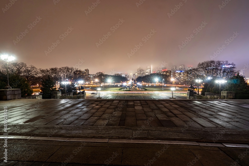Downtown Philadelphia at night, during the rain, from the view of the steps of the Philadelphia Museum of Art Downtown Philadelphia at night, during the rain, from the view of the steps of the Philadelphia Museum of Art