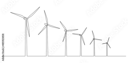 Wind turbines and windmill in one continuous line drawing. Green energy and renewable source of power concept in simple linear style. Editable stroke. Doodle vector illustration © Olga Rai