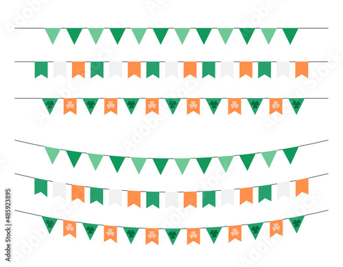 St Patricks Day party flags isolated. Vector set of traditional Saint Patricks holiday buntings and garlands. Festive Irish decorations collection