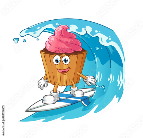 cupcake surfing character. cartoon mascot vector