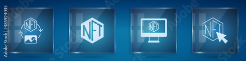 Set NFT Digital crypto art, Monitor with store app and . Square glass panels. Vector