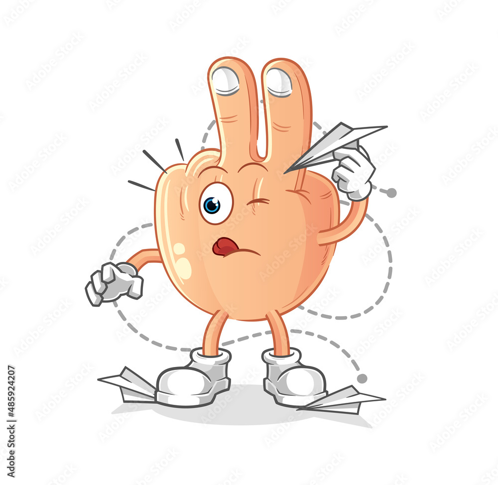peace finger head cartoon with paper plane character. cartoon vector