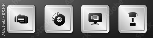 Set Check engine, Car brake disk with caliper, and Gear shifter icon. Silver square button. Vector