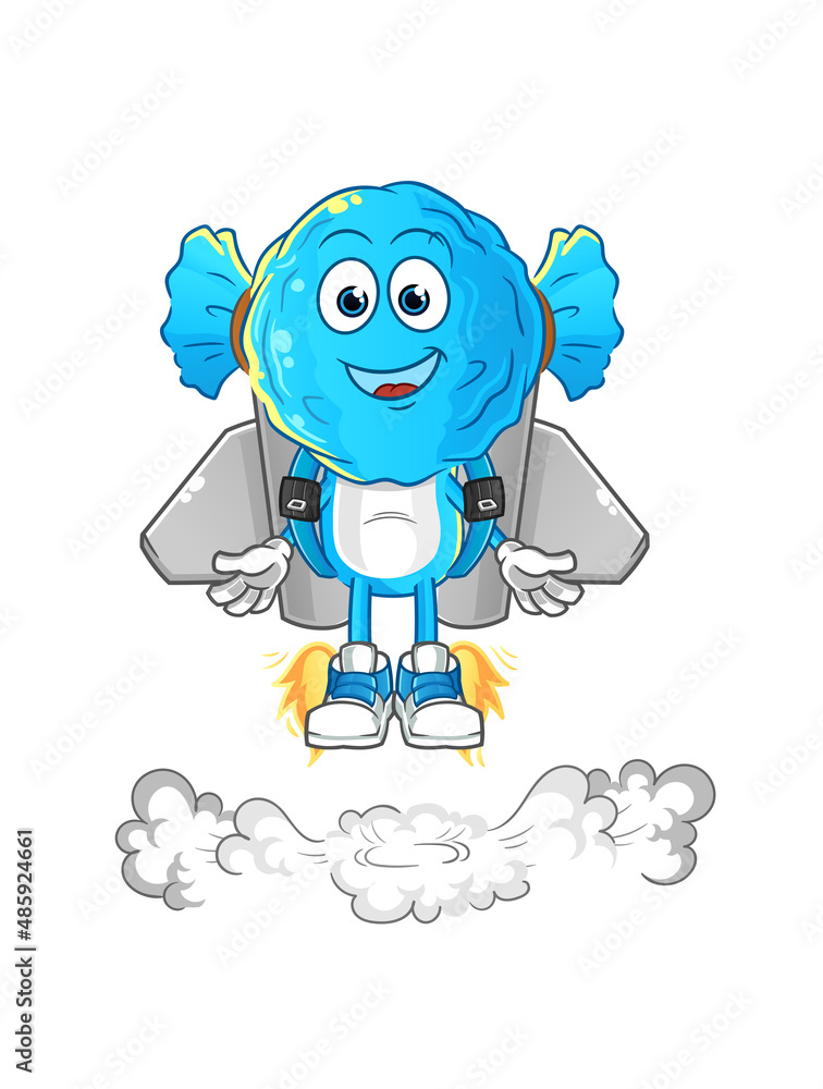 Fototapeta premium candy head cartoon with jetpack mascot. cartoon vector