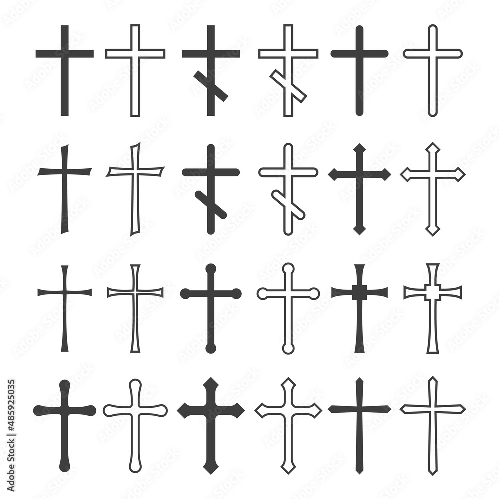 Set christian cross vector symbol flat and outline style Set christian cross vector symbol flat and outline style
