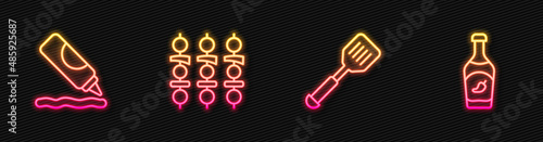 Set line Spatula, Ketchup bottle, Grilled shish kebab and . Glowing neon icon. Vector