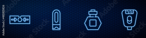 Set line Perfume, Acne, Bottle of shampoo and Epilator. Glowing neon icon on brick wall. Vector