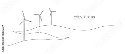 One continuous line drawing of Wind turbines and windmill among hilly landscape. Green energy and renewable source of power concept in simple linear style. Web banner. Vector illustration