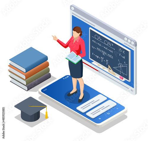 Isometric concept of physics lesson online. Physics school subject. Personalised learning. E-learning, online education at home. Digital classroom online education